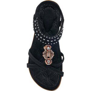 Womens Black PU Leather Casual Beach Summer Jeweled Bohemian Flats Sandals